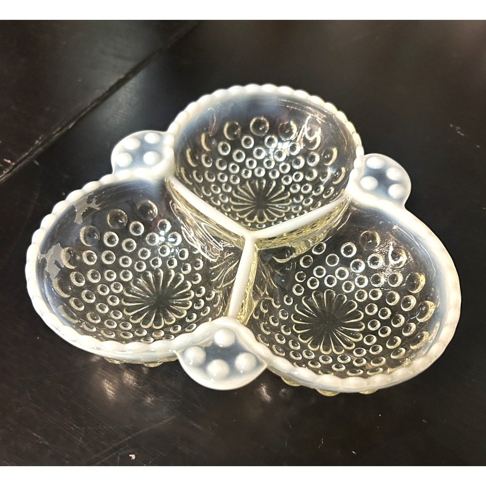 Vintage Fenton Moonstone Hobnail Opalescent 3 Section Condiment Candy Dish